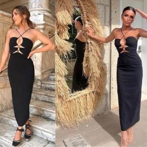 Zara Blogger Favorite Black Strappy Cutout Embellished Pencil Midi Dress Sz XS